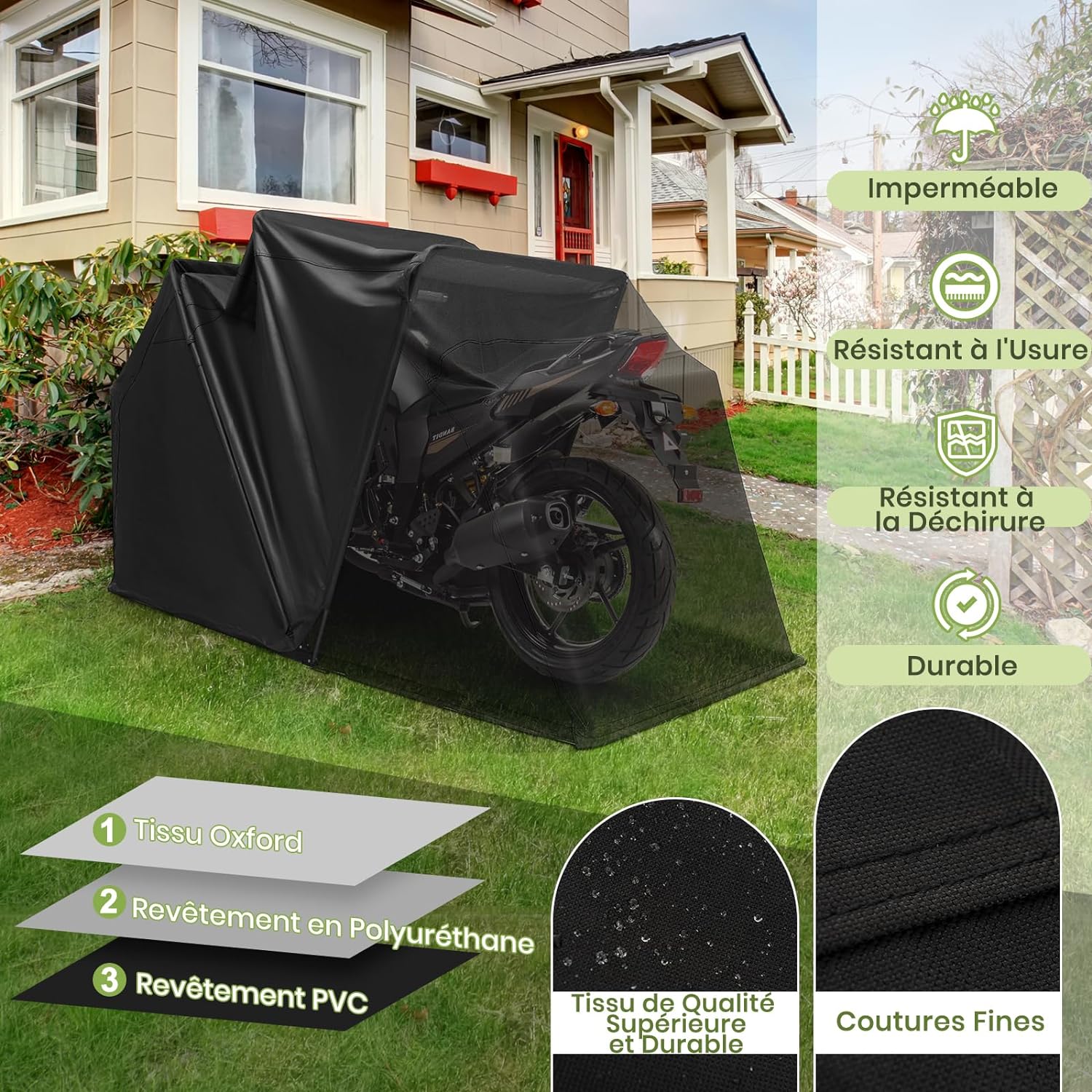 Riparo moto da esterno 342 x 137 x 193 cm, copertina moto impermeabile in tessuto Oxford, finestra di ventilazione, viti di espansione, riparo auto - 2