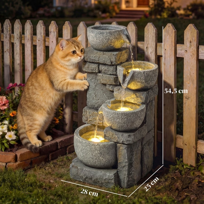 Fontaine de Jardin Cascade 4 Niveaux Effet Pierre et Brique avec LED 28 x 25 x 54,5 cm Gris - 5