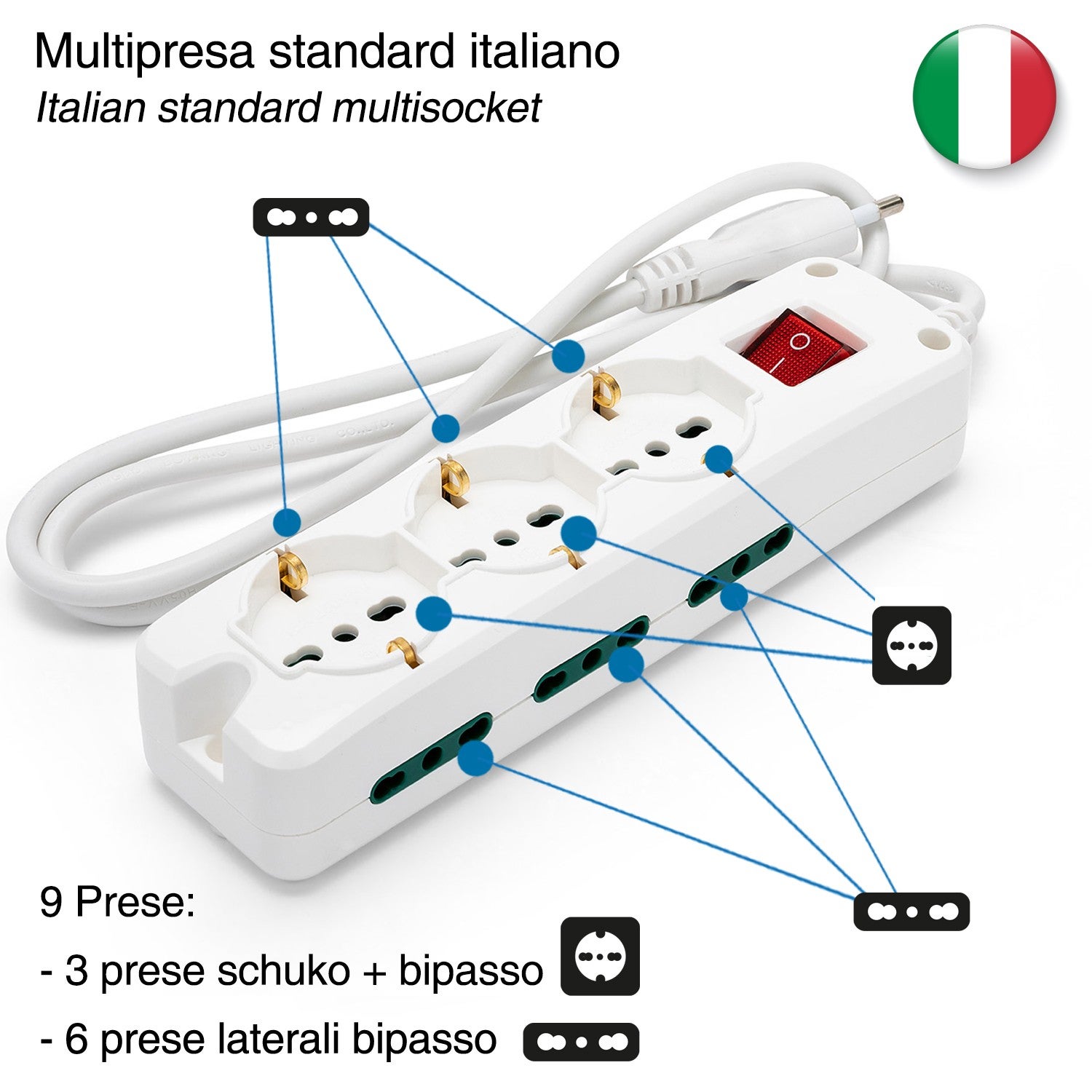 Multiprise italienne 9 entrées, câble de 1,5 m et interrupteur lumineux - 5