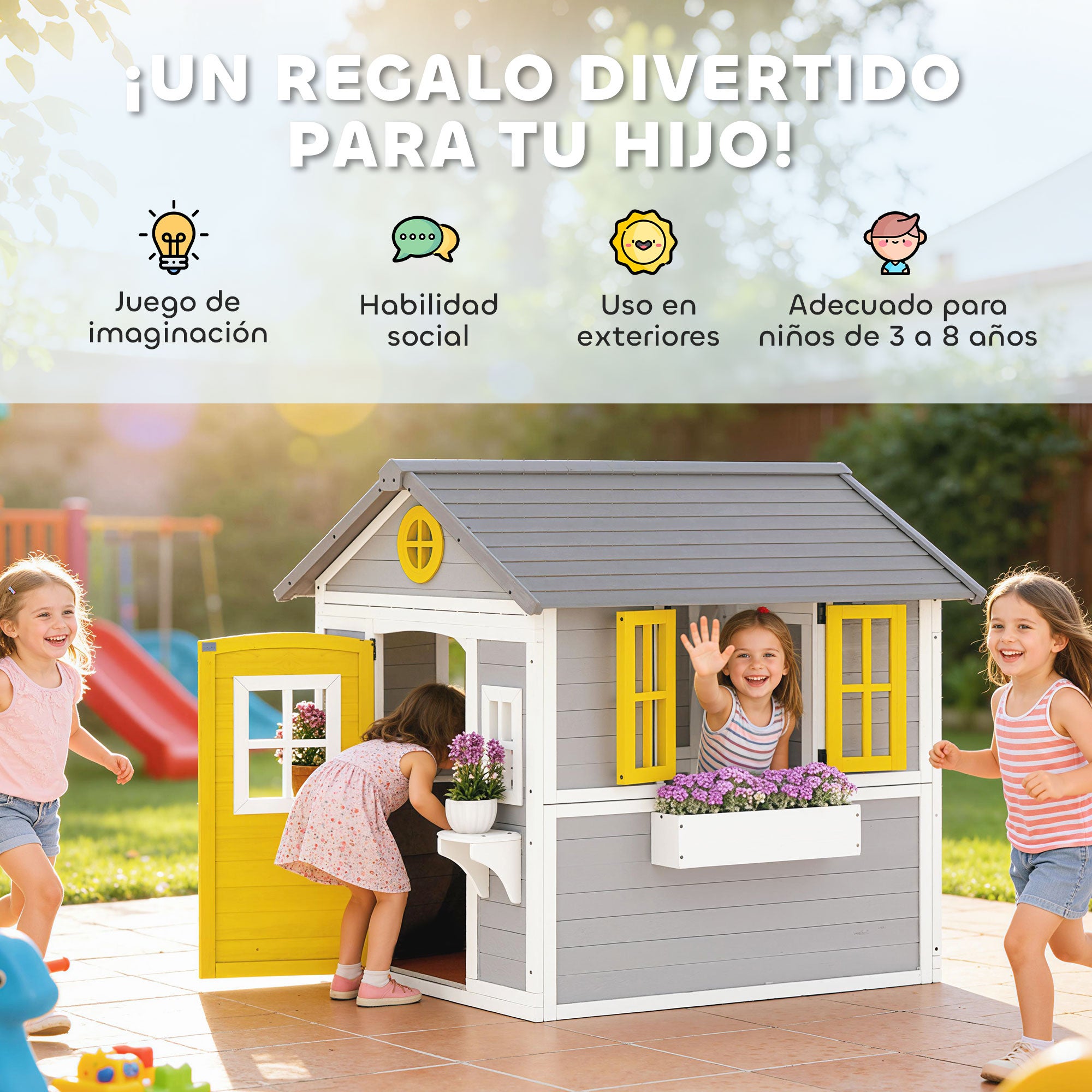 Casa de Madeira Infantil Outsunny Madeira de Abeto Cinzento 112x126x135 cm - 6