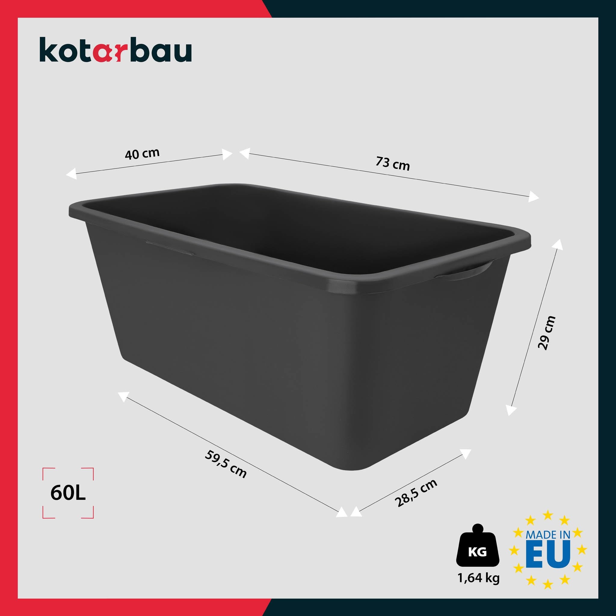 Auge de Maçon - Seau Plastique - 60 L - 73x40x29 cm - Bac À Mortier - Rectangulaire - Noir KOTARBAU - 2