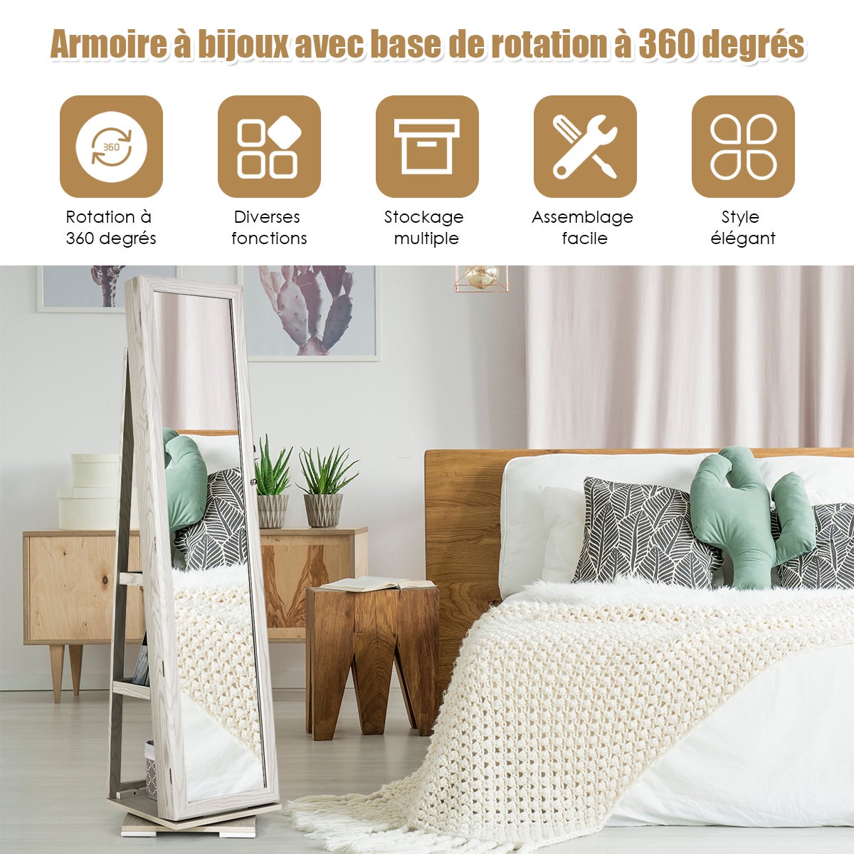 Armoire à Bijoux Pivotante à 360 Degrés sur Pieds,avec Grand Miroir Psyché et Etagère de Rangement à L’Arrière (Blanc) - 8