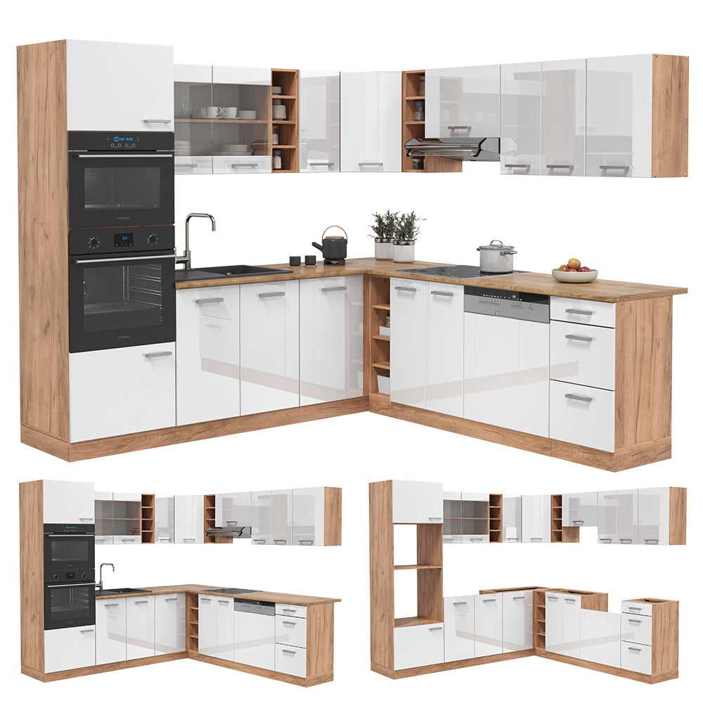 Vicco Cuisine en angle R-Line, Blanc brillant/Chêne doré, 247x46cm sans PT - 8
