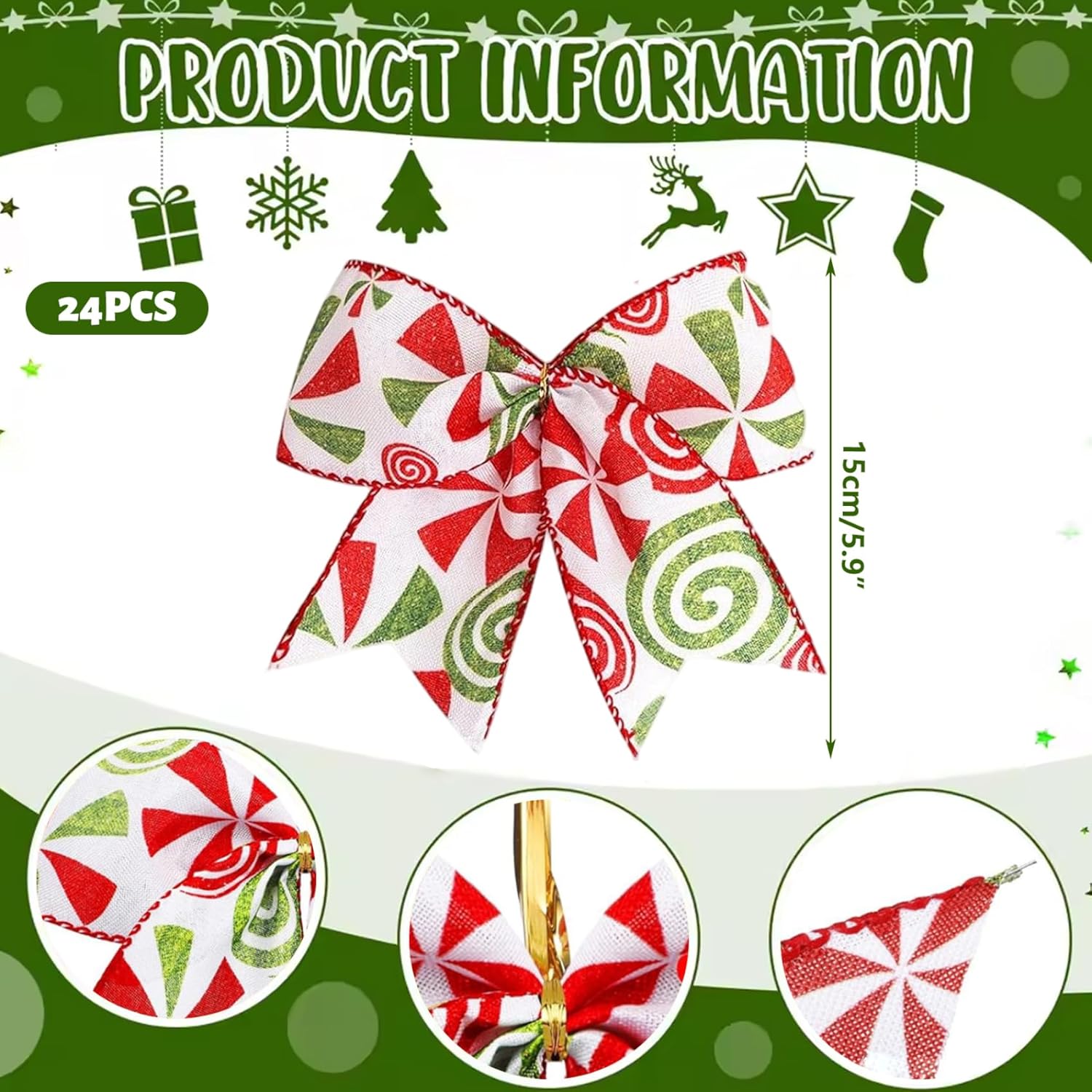 24 fiocchi di Natale verdi e rossi, 6 grandi alberi di Natale con ornamenti classici in paillettes per ghirlande, fasce, ghirlande, feste - 4