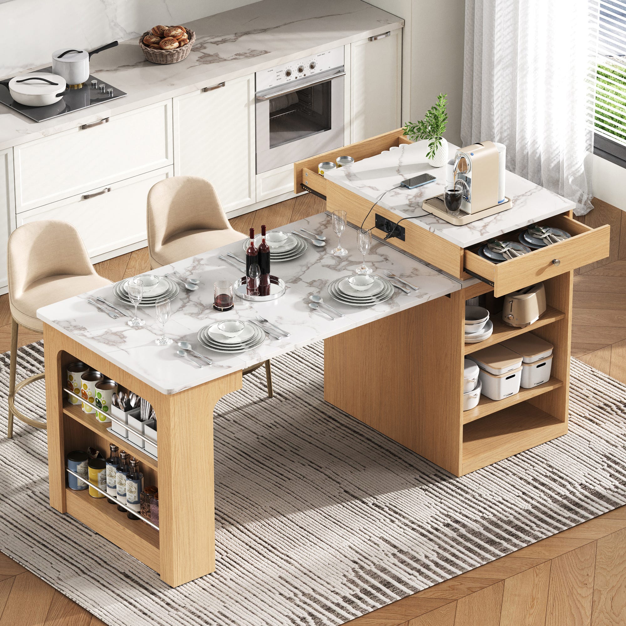 Table Sur Roulette Îlot cuisine roulettes table manger extensible multiprises naturel ...
