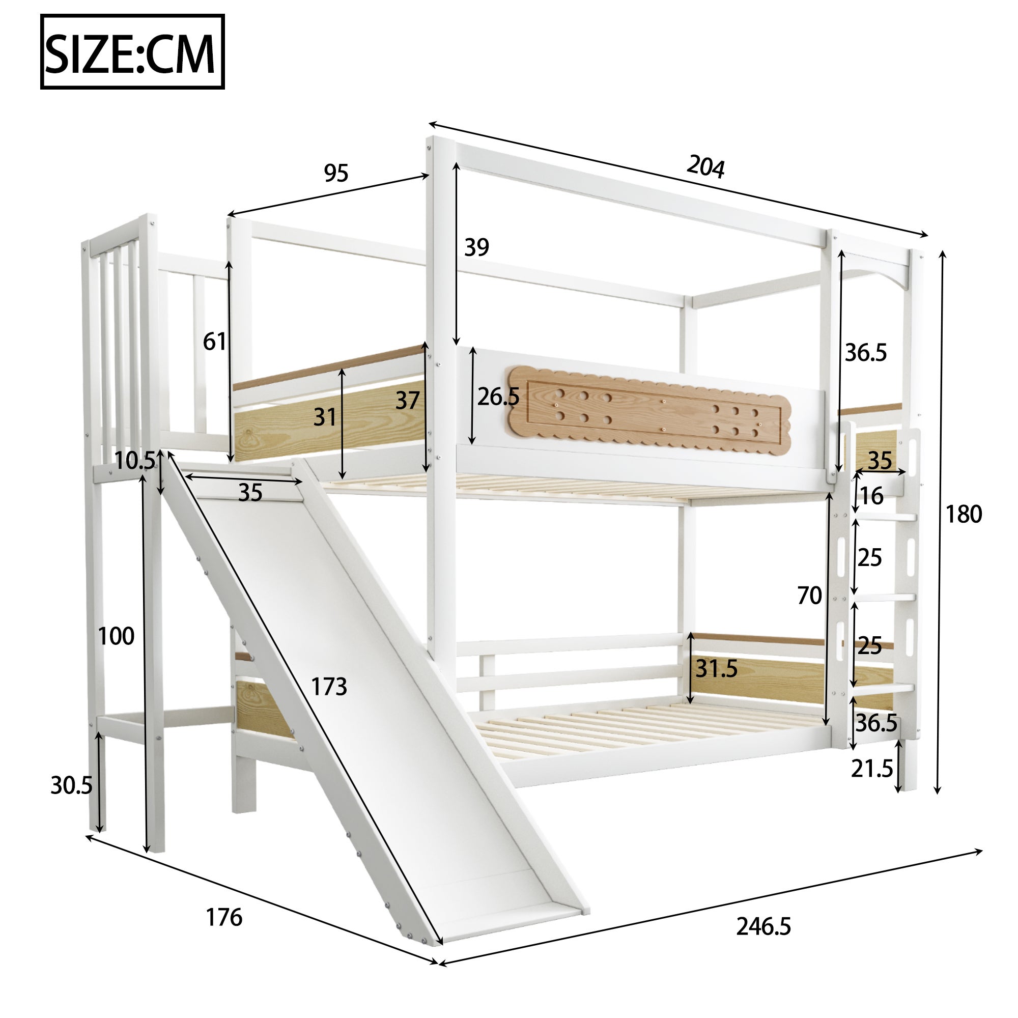 Łóżka piętrowe 2 x 90 x 200 cm z barierkami i zjeżdżalnią - Sosna + sklejka + MDF - Białe (Materace nie są wliczone w cenę) - 9