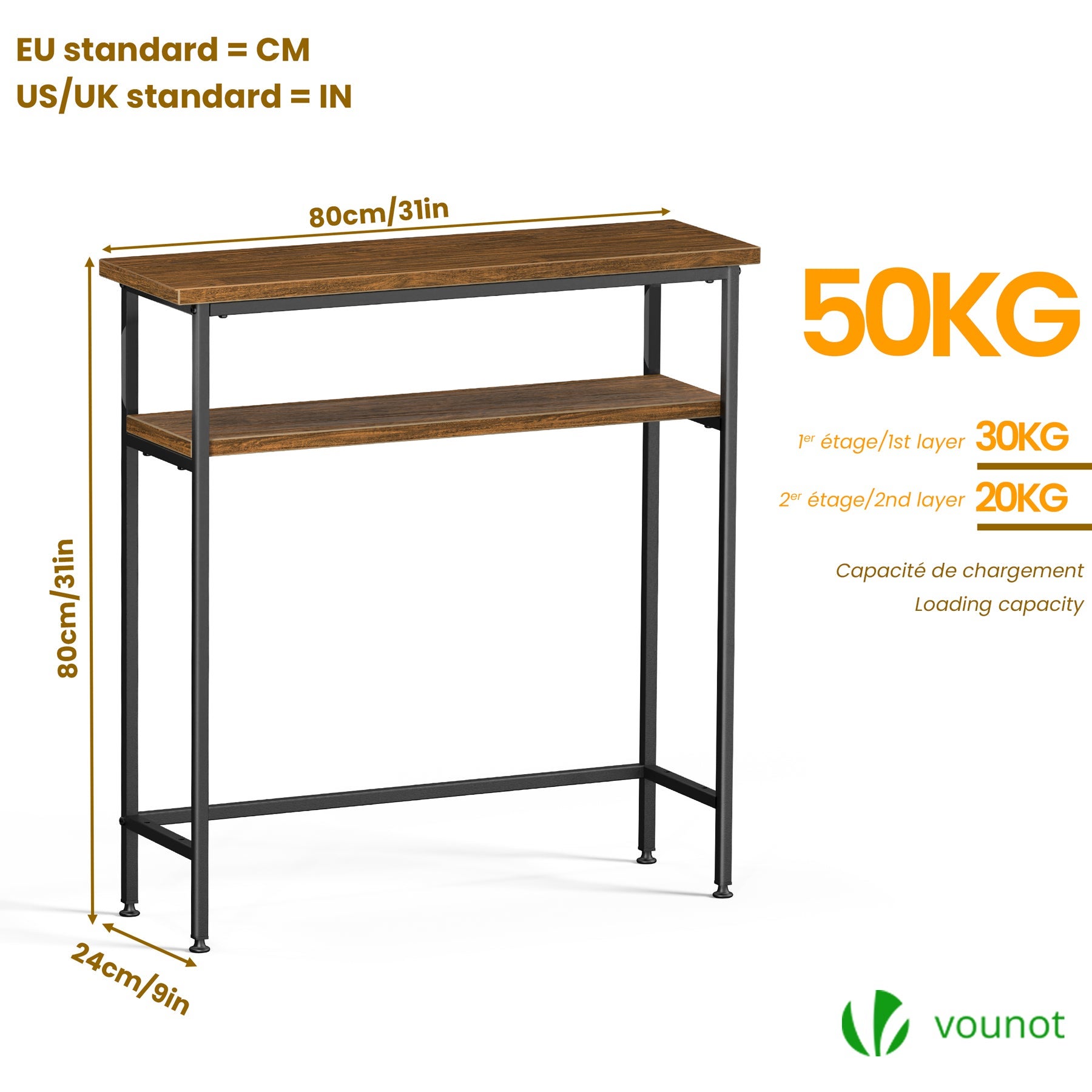 Console table 2 niveaux style industriel en metal et MDF 80x24x80 cm Marron VOUNOT® - 3