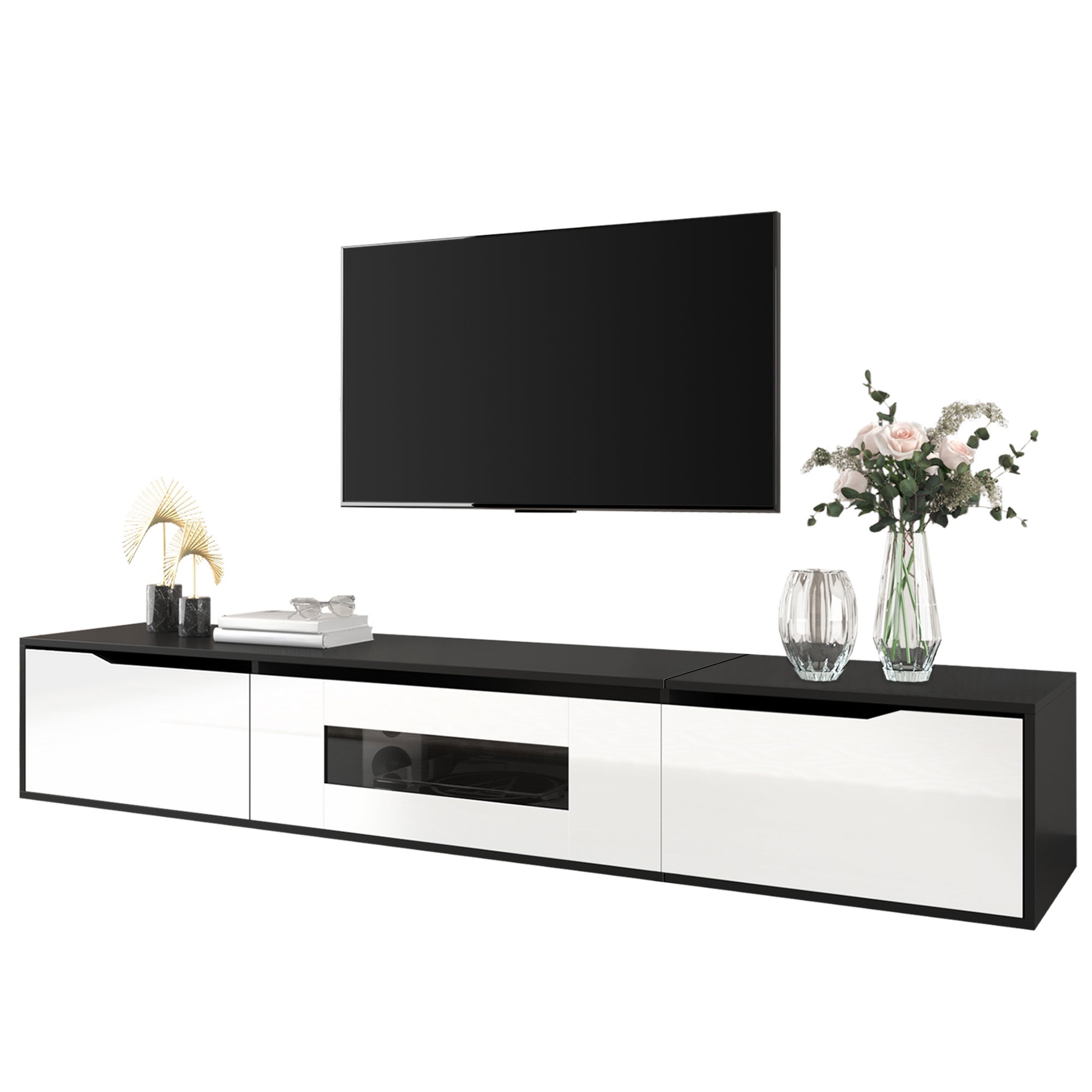Nowoczesna szafka pod telewizor 180 x 35 x 30 cm - do montażu na ścianie/wolnostojąca - z oświetleniem LED i portami USB - płyta MDF - czarny - 9