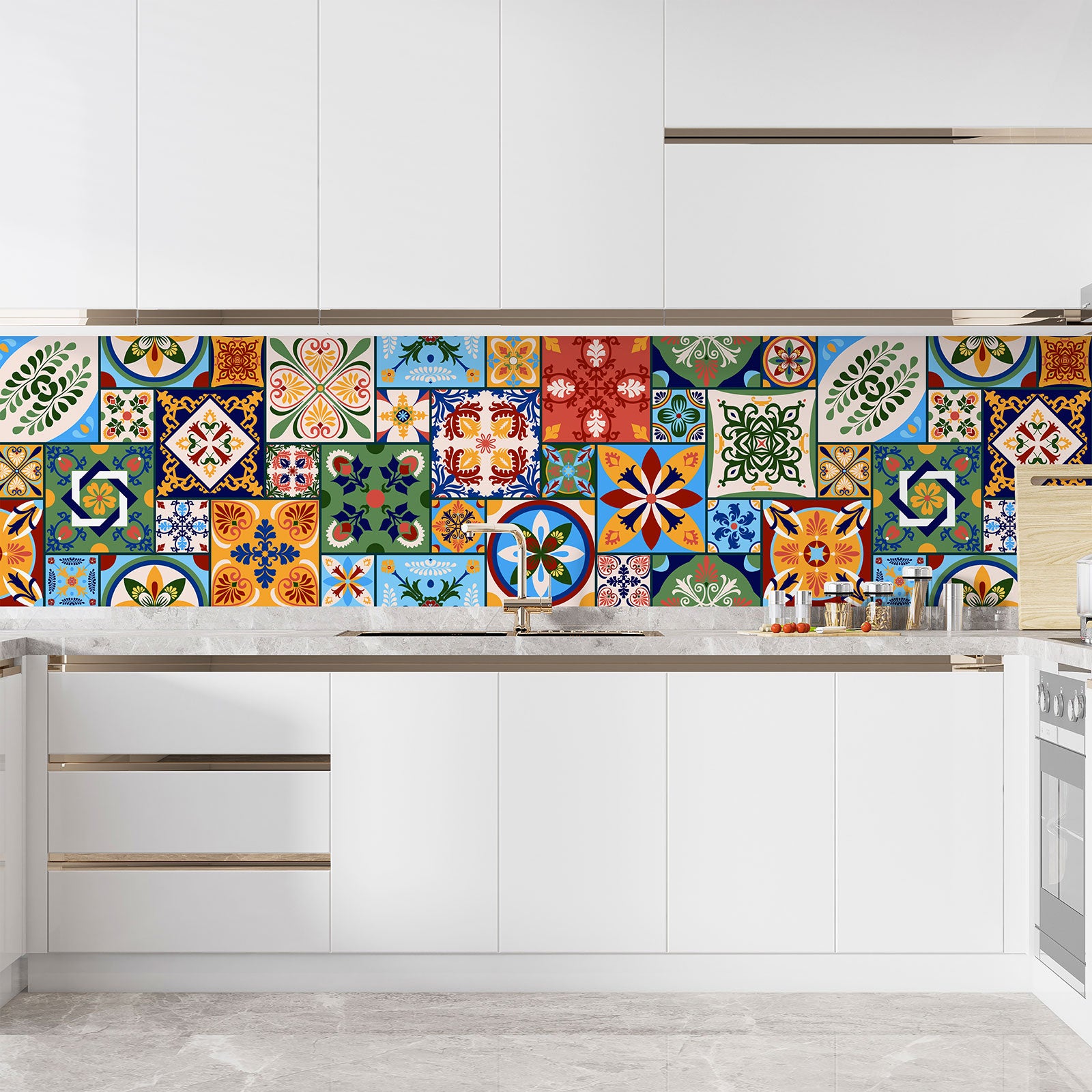 Crédence adhésive sticker décoratif pour cuisine - Effet carreaux de ciment - Adhésif MAT - 60x180 cm - 3
