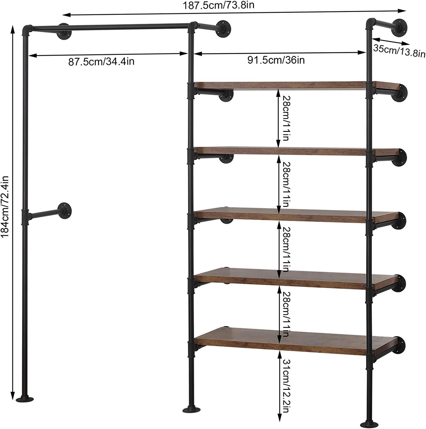 WOLTU Portant à Vêtements Mural, Porte-Manteau Industriel en Tubes d’Acier et en MDF, Noir et Marron Rustique - 4