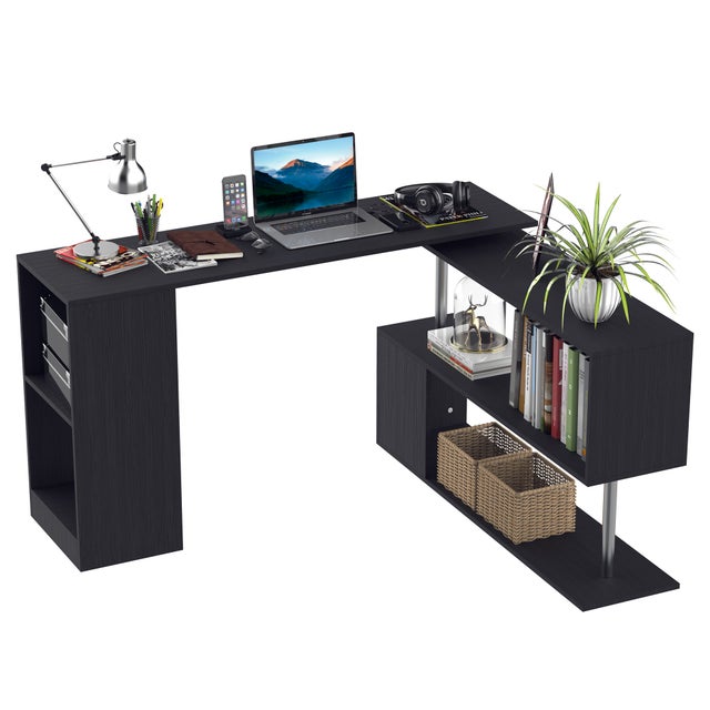 HOMCOM Scrivania Angolare Salvaspazio con Ripiano a S, Scrivania Moderna in Legno, 140x120x78 cm, Nero