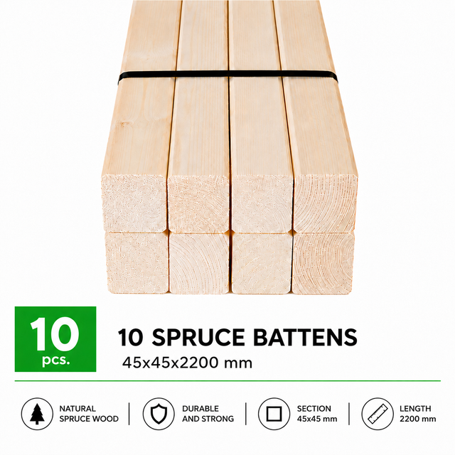 Lote de 10 ud de Listones de Madera de Abeto 45x45x2200 mm