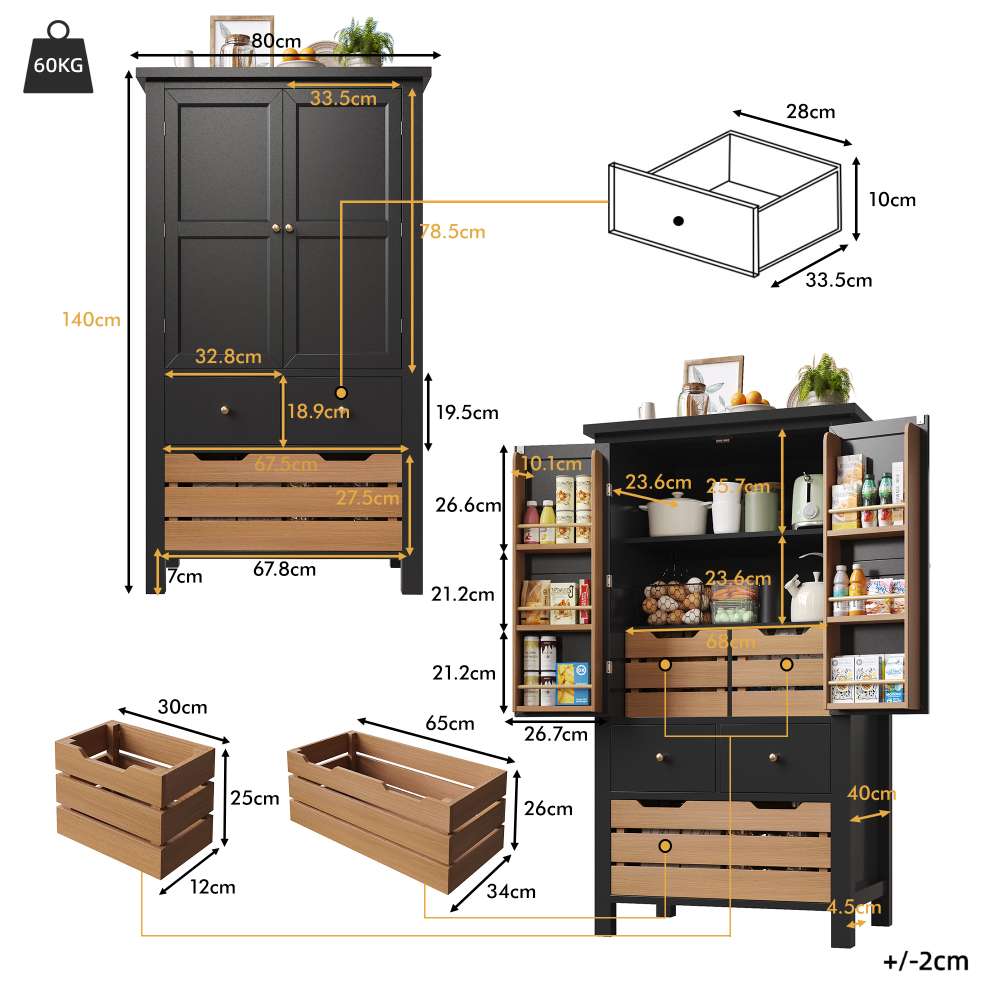 Buffet de cuisine 80x40x140cm avec portes, 5 tiroirs, rangement spacieux, haute qualité et design moderne noir - 4