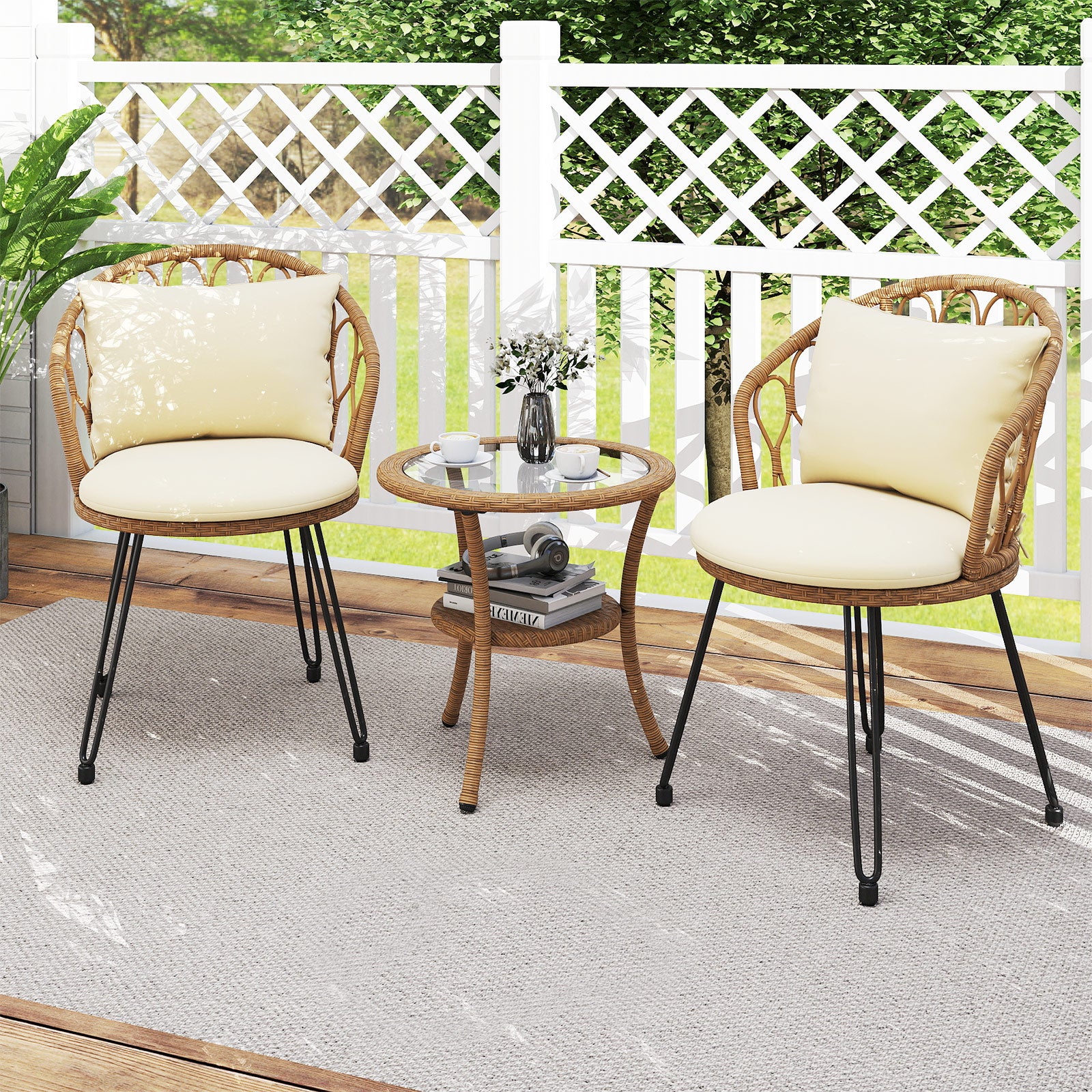 Conjunto de Móveis para Pátio em Fibra de Resina Trançada PE 3 PCS, Conjunto de Conversação Externa com Almofadas e Mesa de Centro de 2 Níveis - 8