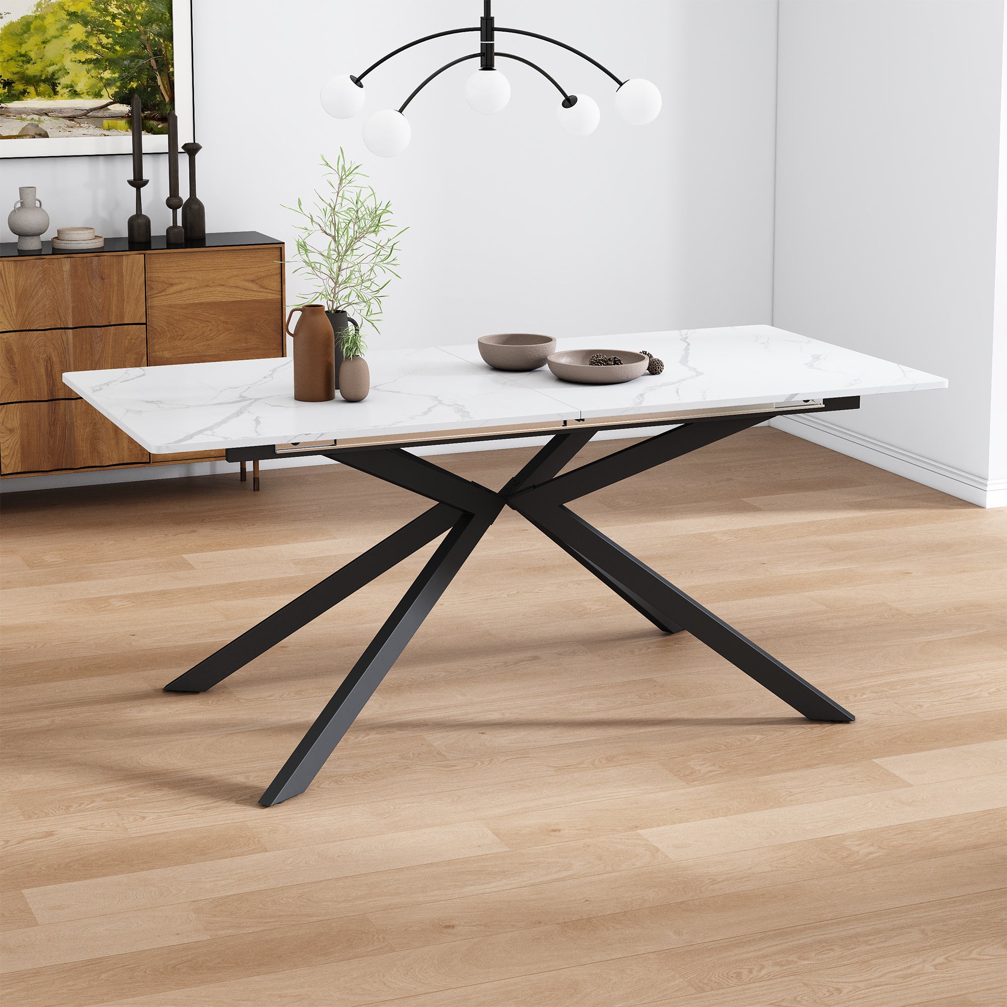 Rozkładany stół jadalny dla 4-6 osób - Dł. 150/180 x Szer. 70 x Wys. 76 cm - Nogi z płyty MDF i metalu - Blat imitujący marmur - Biały - 2