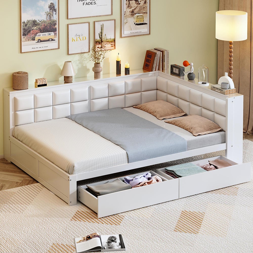 Rozkładana sofa o wymiarach 140 x 200 cm z miękkim oparciem i pojemnymi szufladami do przechowywania, biała