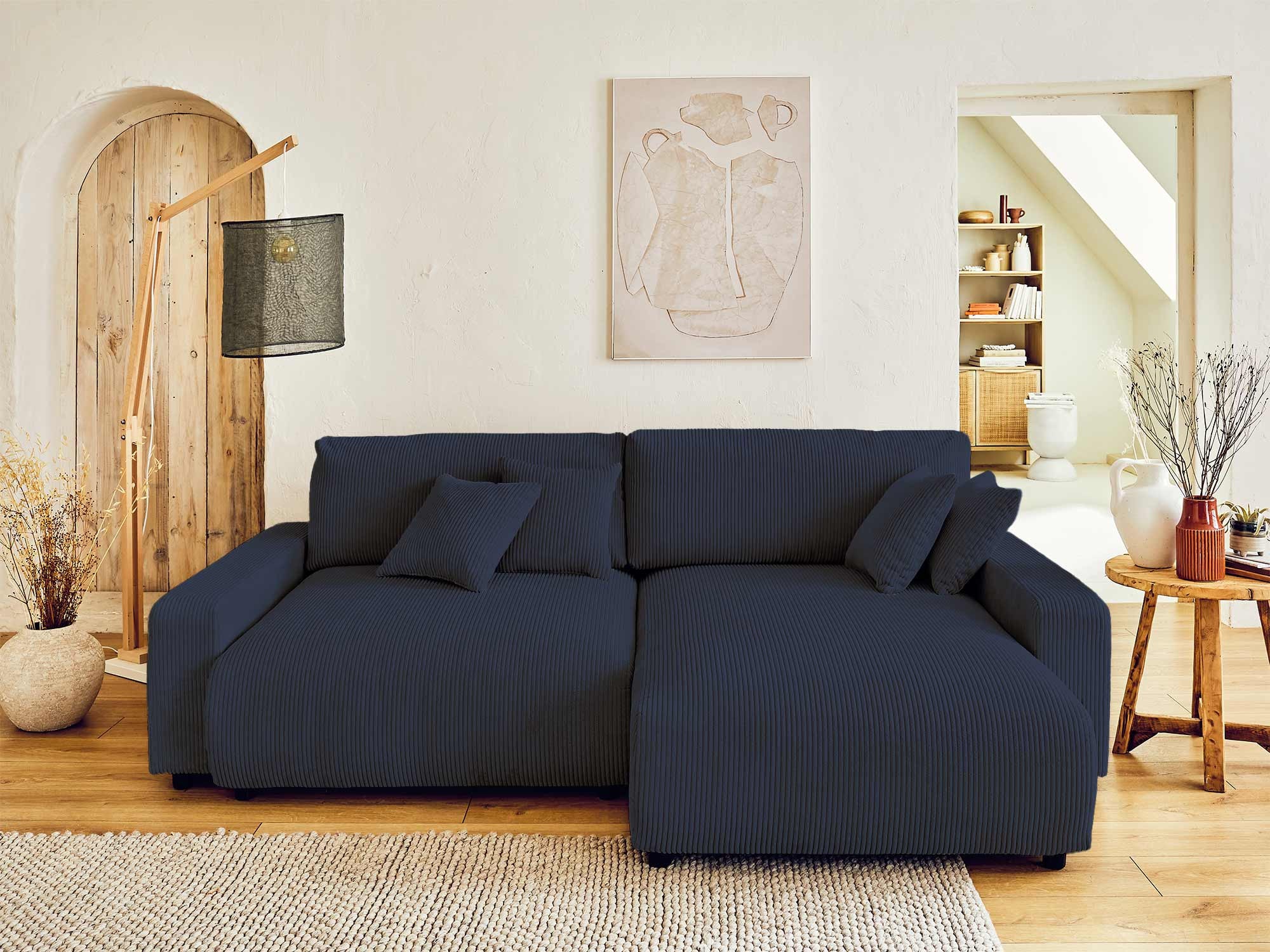 Canapé d'angle réversible convertible 4 places en velours côtelé bleu nuit - PIVOINE - Best Mobilier - 6