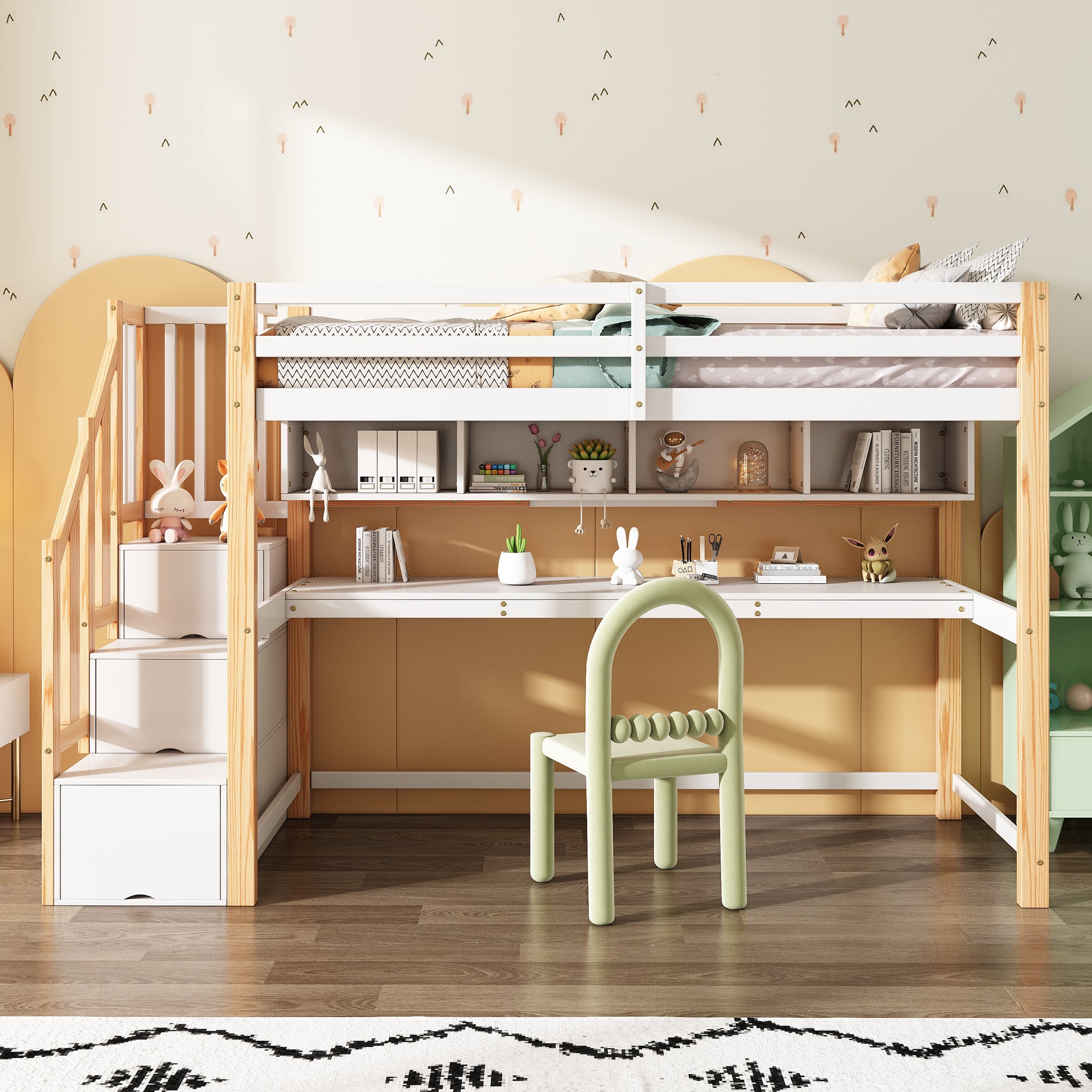 Lit Mezzanine 90x200 Cm - Lit Enfantadolescent Avec Bureau Intégré Et Rangements, Escalier Sécurisé, Usb-c Inclus, Bois Mdf Et Massif - Blanc