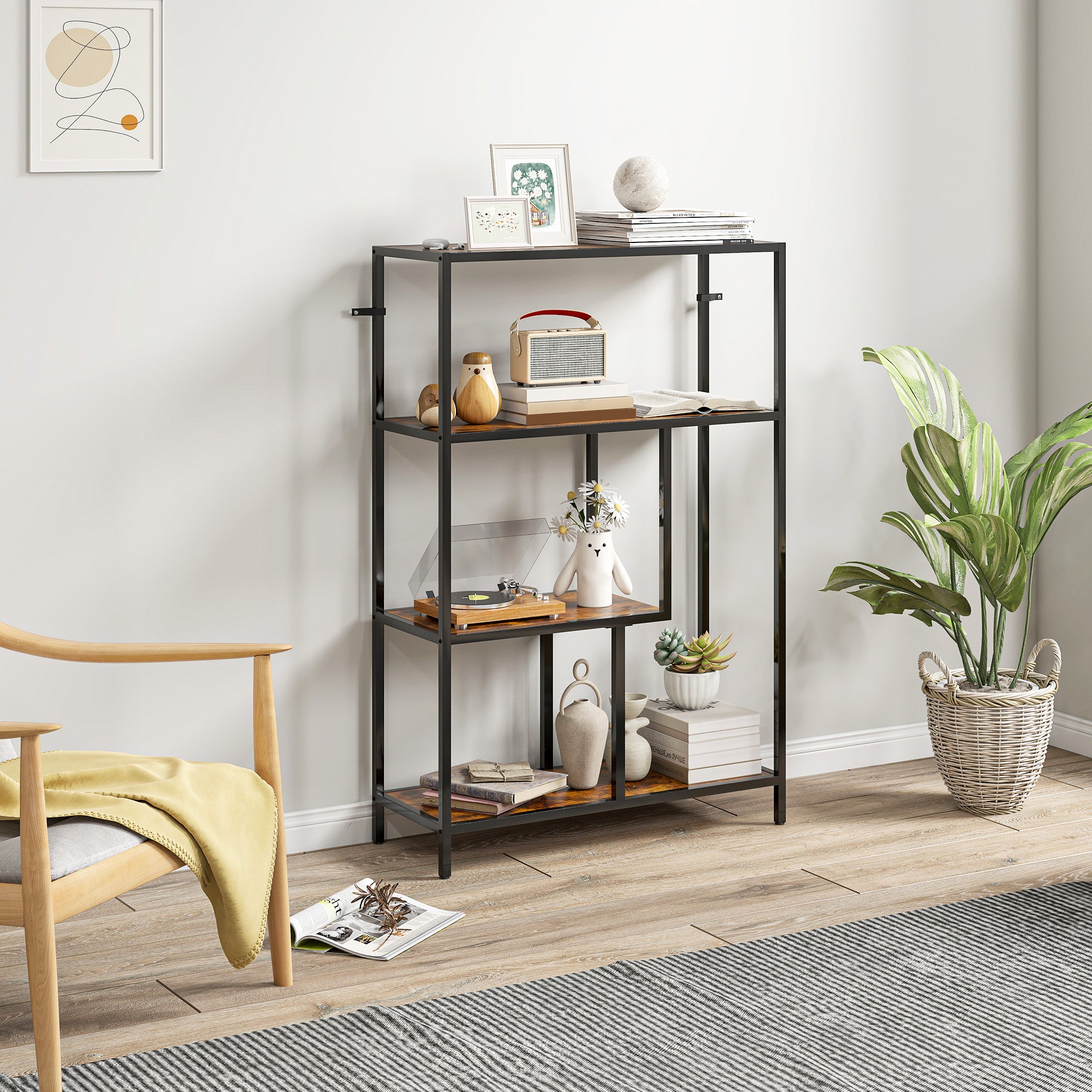 Libreria Industriale Alta Con Ante E Ripiani – Legno Marrone E Metallo Nero, 79x30 Cm, 4 Ripiani + 2 Armadi - 3