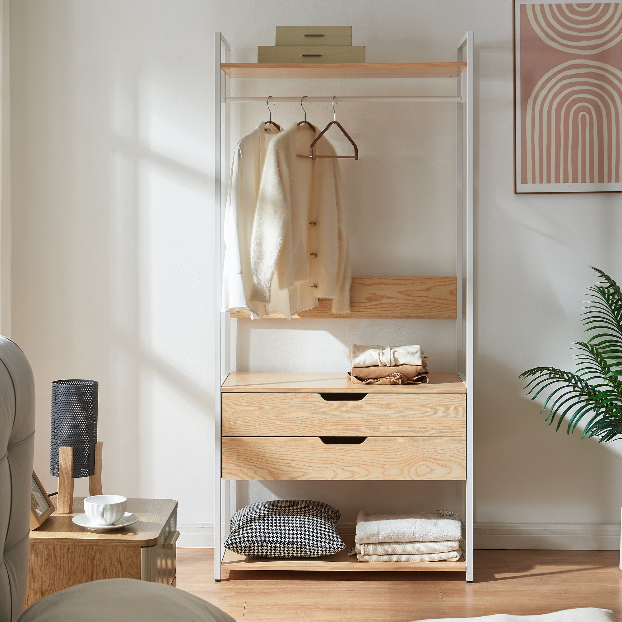 Organizzatore Guardaroba Larem Mobile Porta Abiti con Cassetti - Bianco / Effetto Rovere [en.casa] - 6