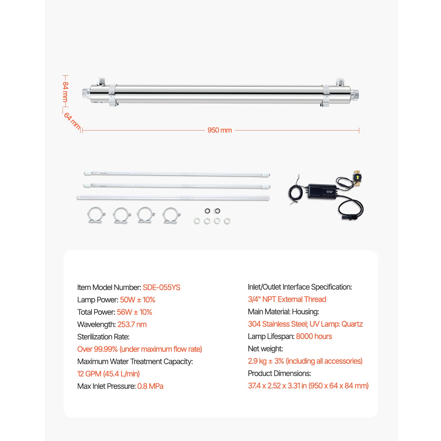 Purificateur d'eau UV SucceBuy 56W 45,4 L/min,filtre polyvalent,acier inox,coque quartz,pour toute la maison - 9
