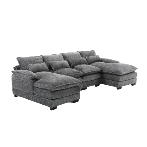 Sofá moderno en u, sofá modulable de 4 plazas, 4 cojines lombares ergonómicos, gris