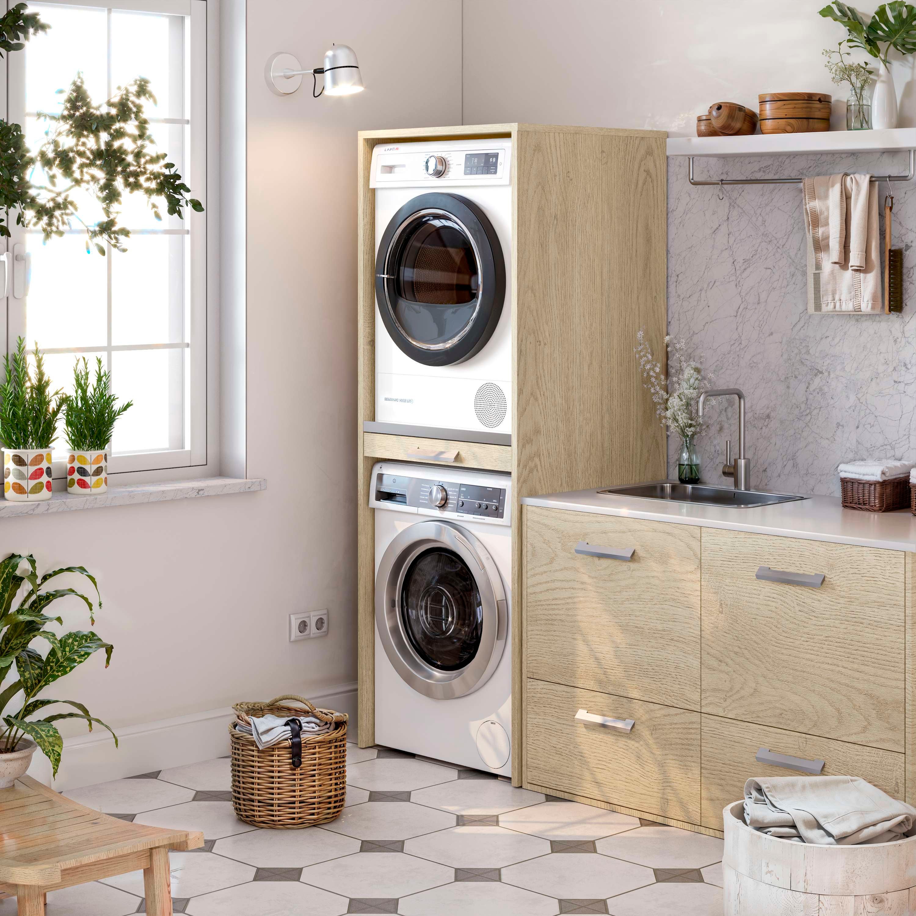 Mueble columna para lavadora y secadora apilables T-BATH 67,2x187,5cm roble - 2