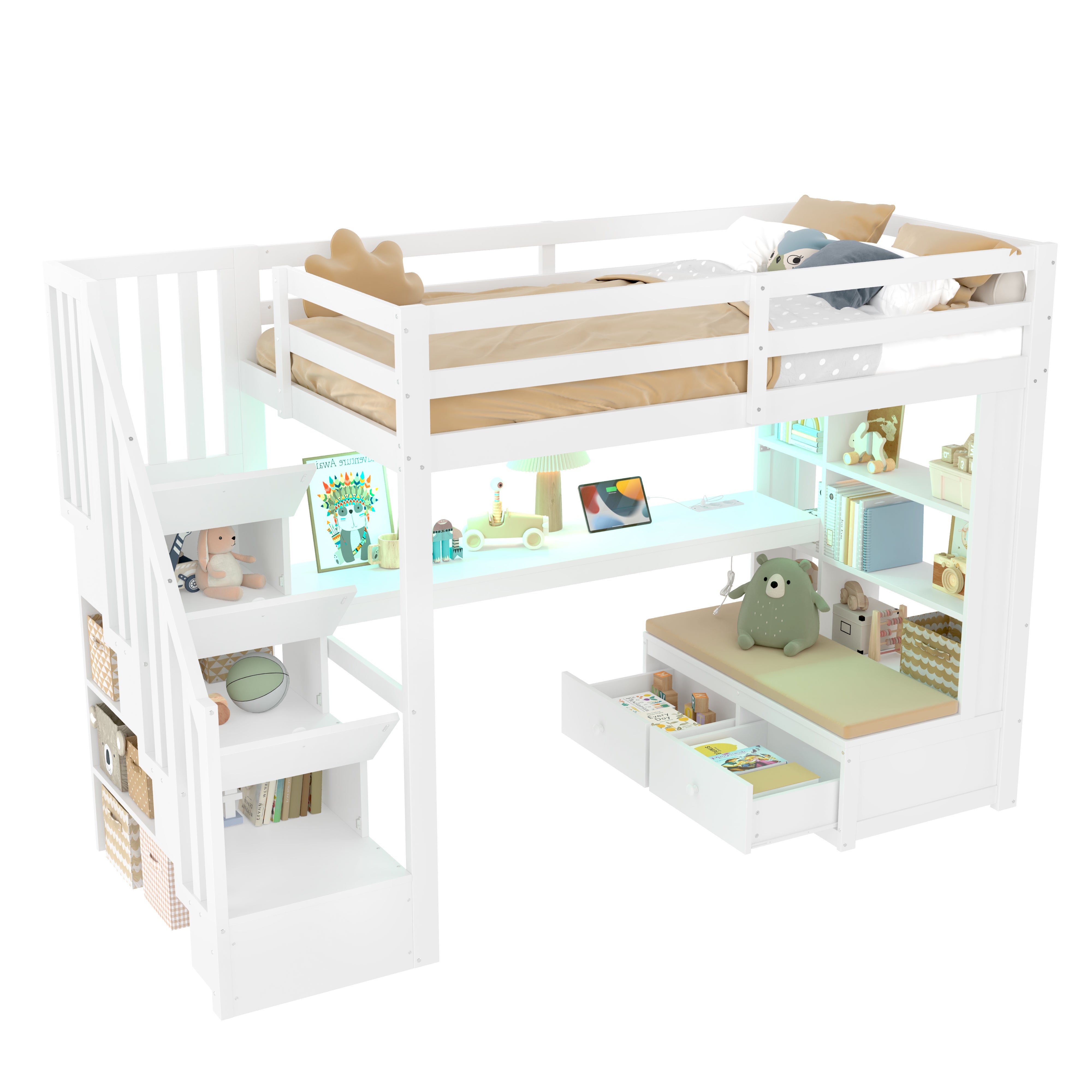 Lit mezzanine 90x200 cm - Avec bureau et étagère - Avec 2 tiroirs - Avec LED - Escalier de rangement - Blanc (matelas non inclus) - 7