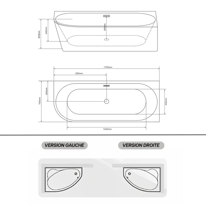 Baignoire d’angle droite avec vidage – 170 x 75 cm – Blanc brillant – LUXA - 9