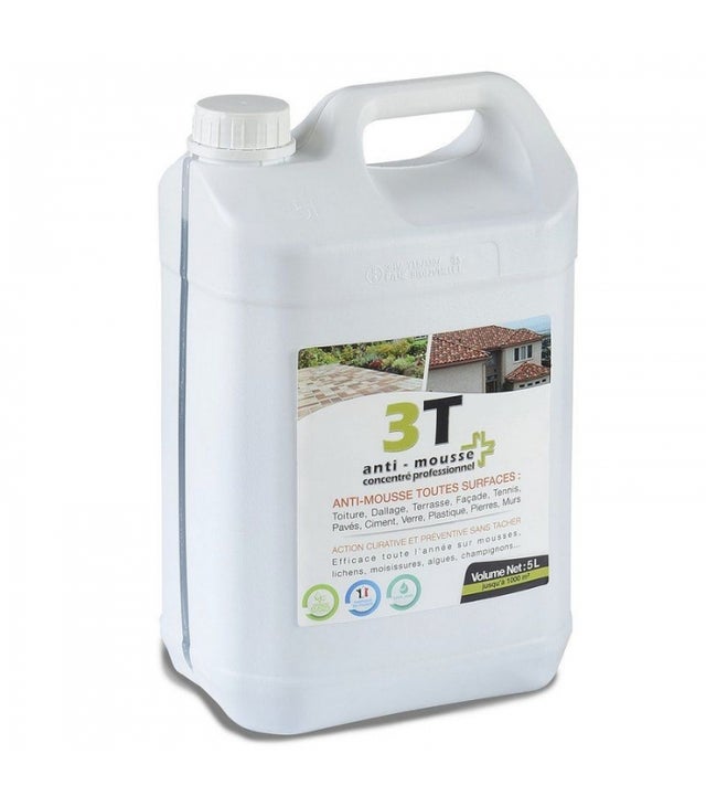 Antimousse concentré 3T 5 litres à diluer pour 1000 m² de traitement toit toiture mur et sol