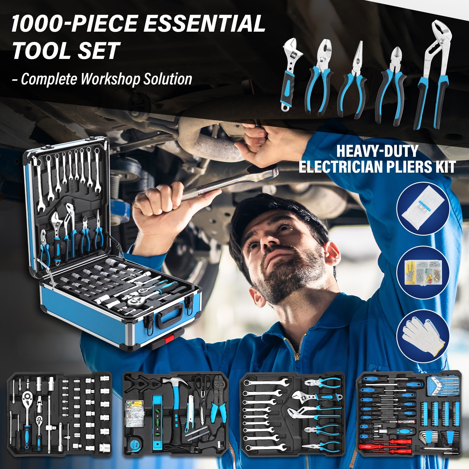 TEENO Boite à Outils 1000 Pièces, Outil Multifonction avec Valise Aluminium et Poignée Télescopique , Malette Outils Roulante pour Maison et Auto - 8