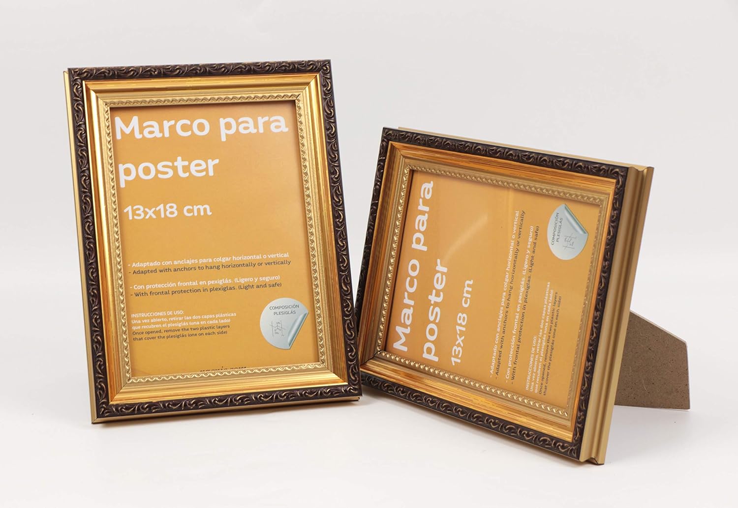 Nacnic Pack 4 Cadres en Bois MDF Doré et Verre Acrylique Protection et Présentation de Photographies, Tirages, Affiches, Chambre ou Bureau 13x18 cm - 4