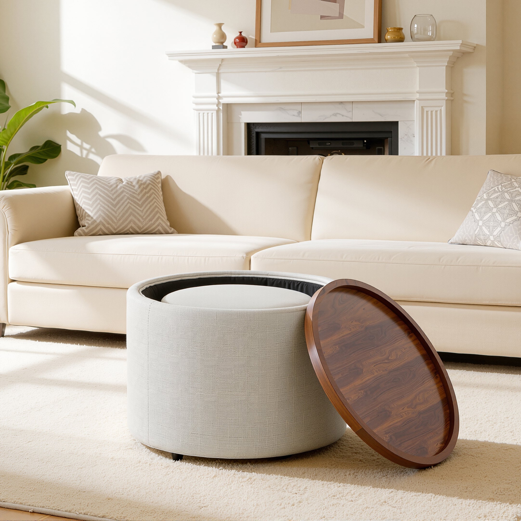 Set di 2 pouf impilabili con contenitore, piano in legno, in lino, beige - 3