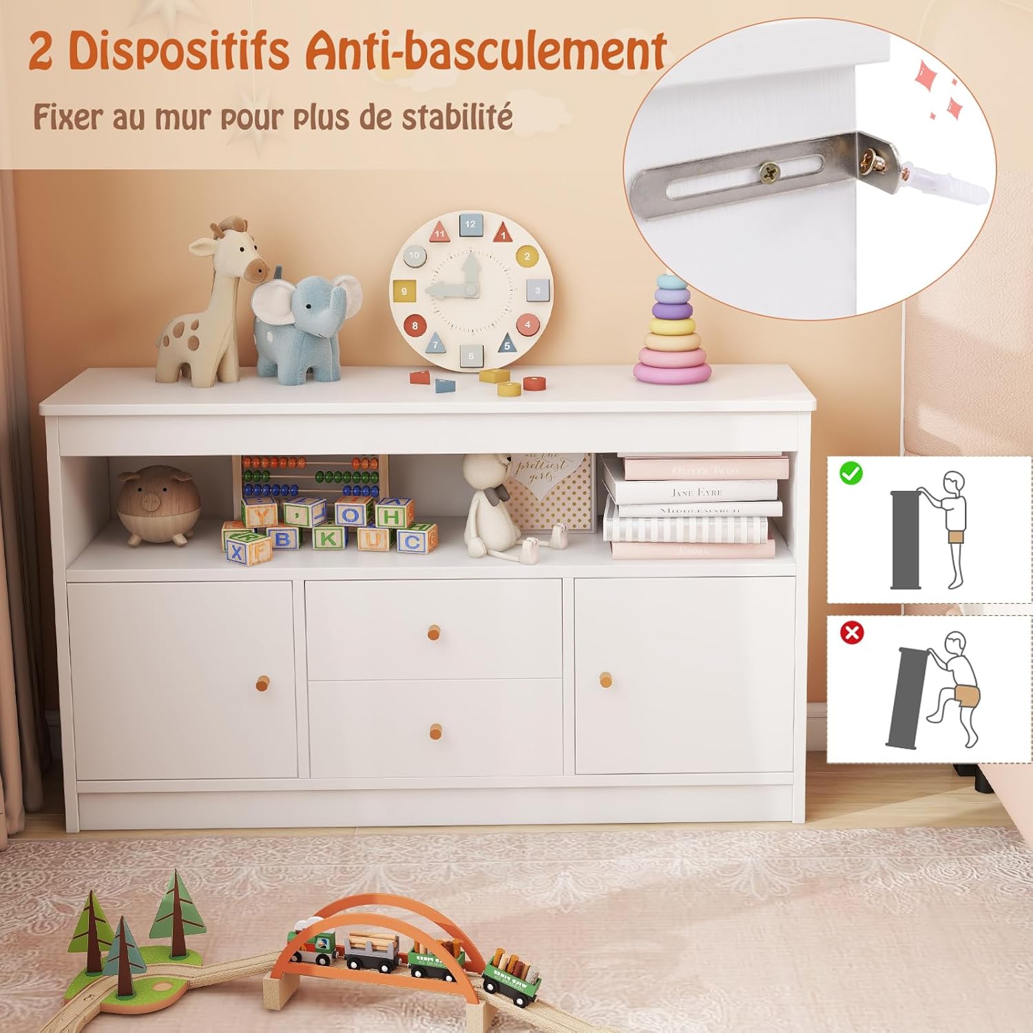 Organizador de Arrumação, Cómoda para Brinquedos Infantis, 2 Gavetas, 2 Armários Fechados, 1 Compartimento Aberto para Quarto, Escritório (Branco) - 8