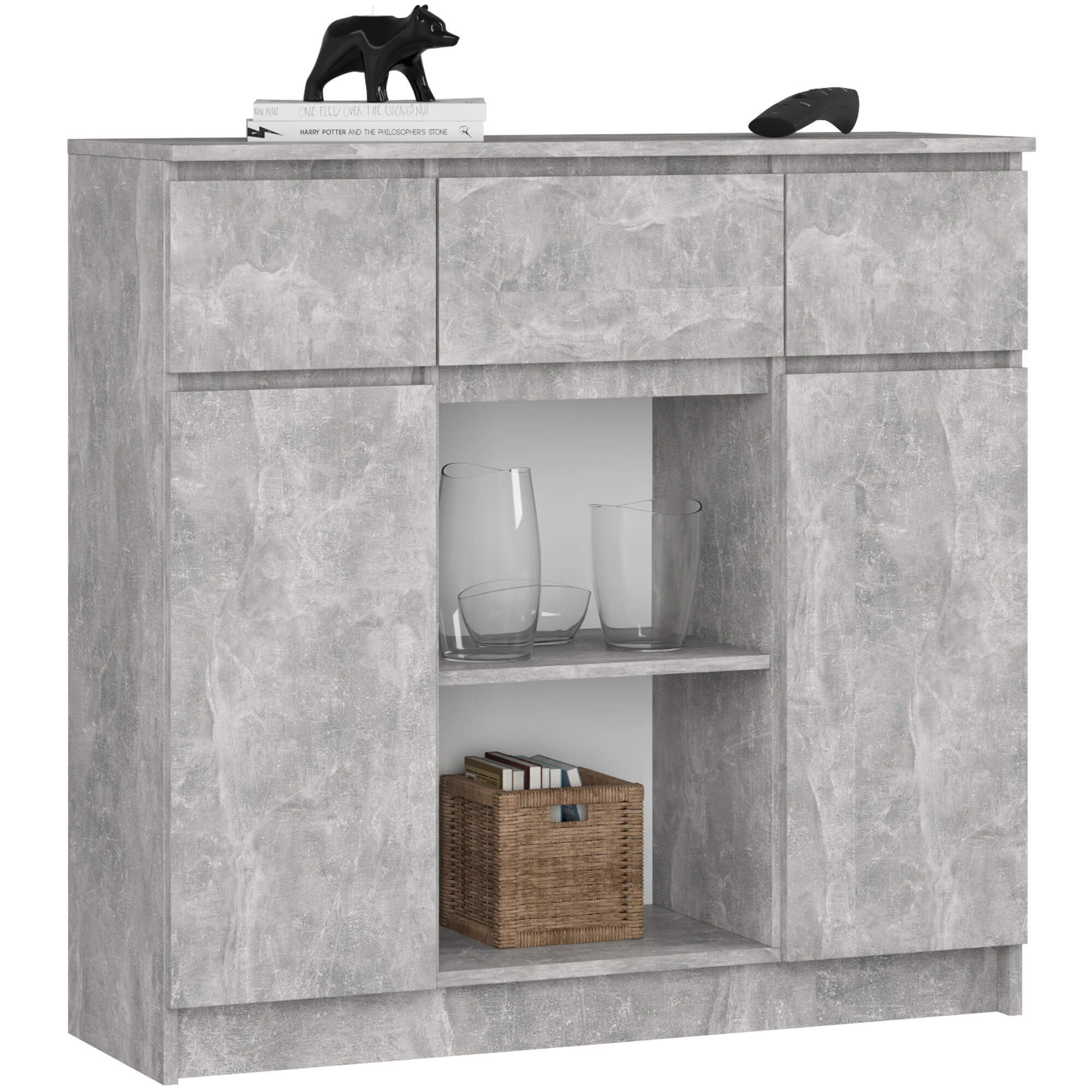 Komoda AKORD K100 kolor Beton mat 101 cm 2 drzwi 3 szuflady 4 półki 101x35x98 cm