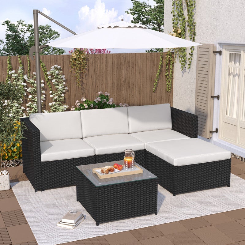 Salon de Jardin Exterieur en Rotin, Table de Jardin Exterieur avec Chaise, Canapé de Salon d'angle 4 Places avec Coussins et Table en Verre, Noir - 5