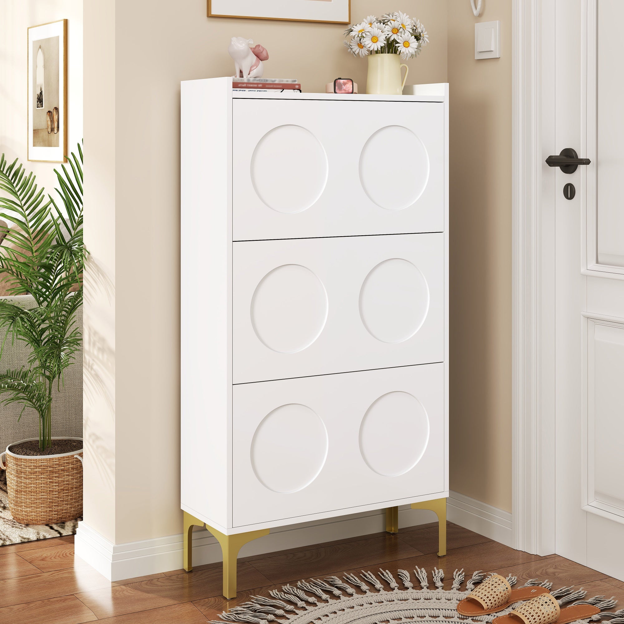 Meuble à chaussures avec 3 portes rabattables - 63 x 24 x 120 cm - MDF et pièds en métal doré - Blanc - 6