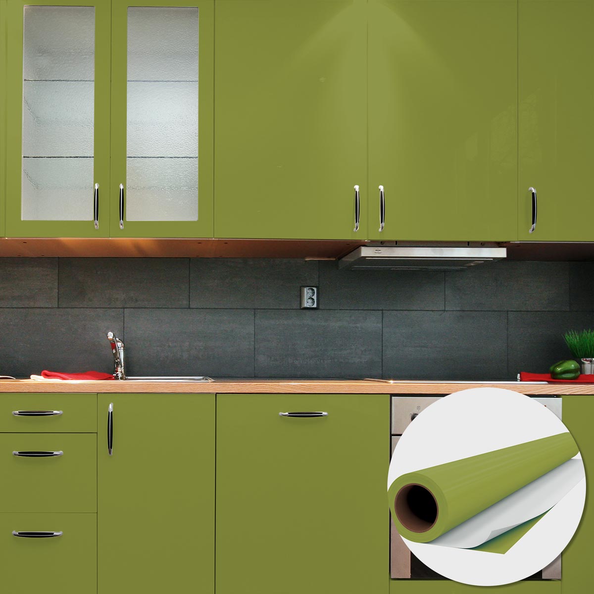 Rouleau adhésif Imperméable Vinyle au Mètre - Sticker Lavable Cuisine Meuble Armoire Porte - 60cmx1m - Vert olive - 7