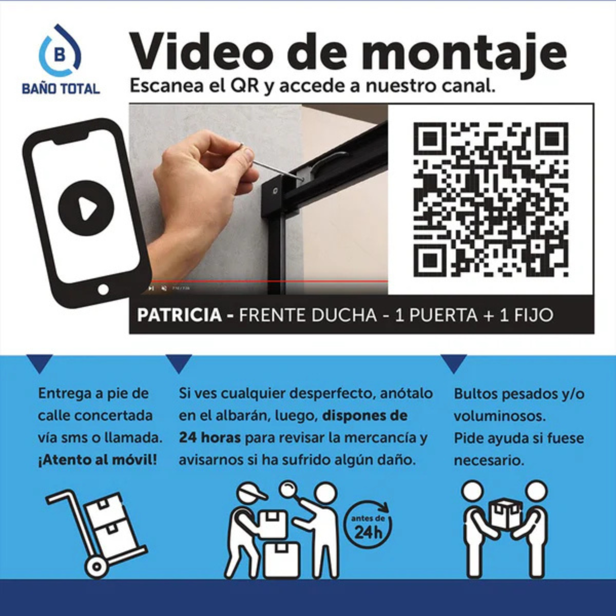 Mampara Ducha Frontal 1 puerta 1 fijo Corredera | Vidrio Templado 6mm Antical Transparente |Perfil Oro 100 cm (Adaptable 95-99cm) - 6