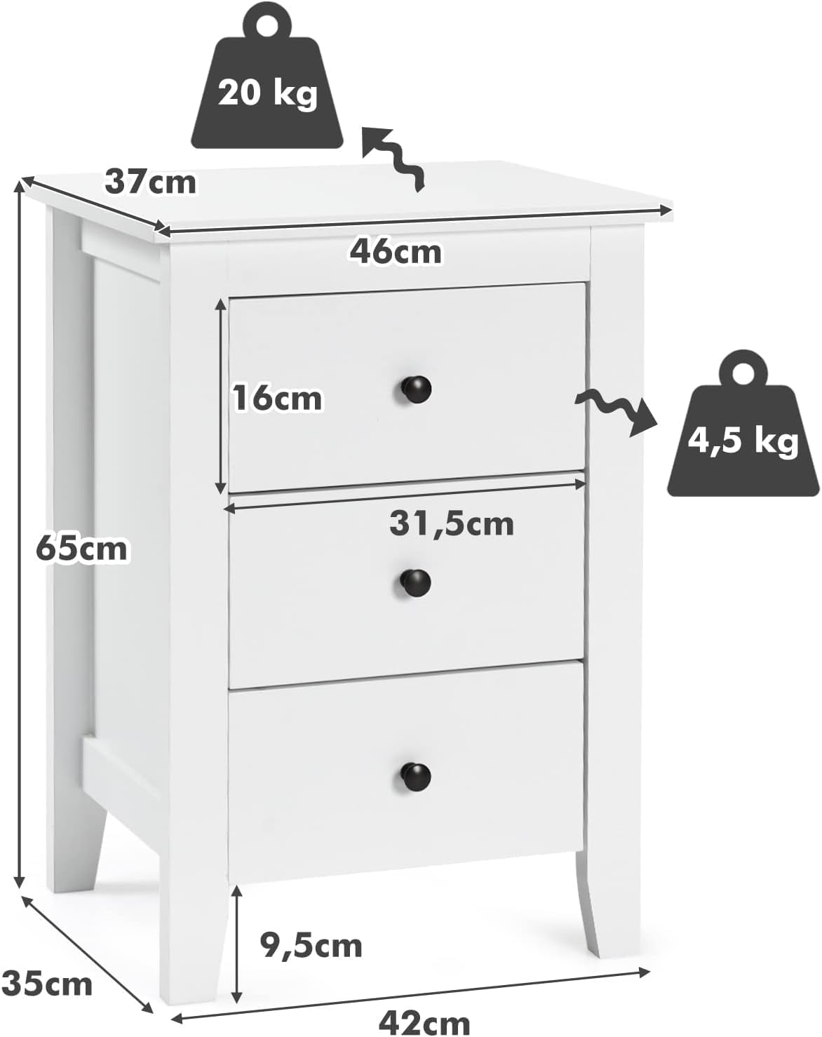 Juego de 2 Mesitas de Noche de Madera, Mesa de Noche con 3 Cajones de Almacenamiento Espaciosos, Mueble de Almacenamiento Moderno para Dormitorio - 3