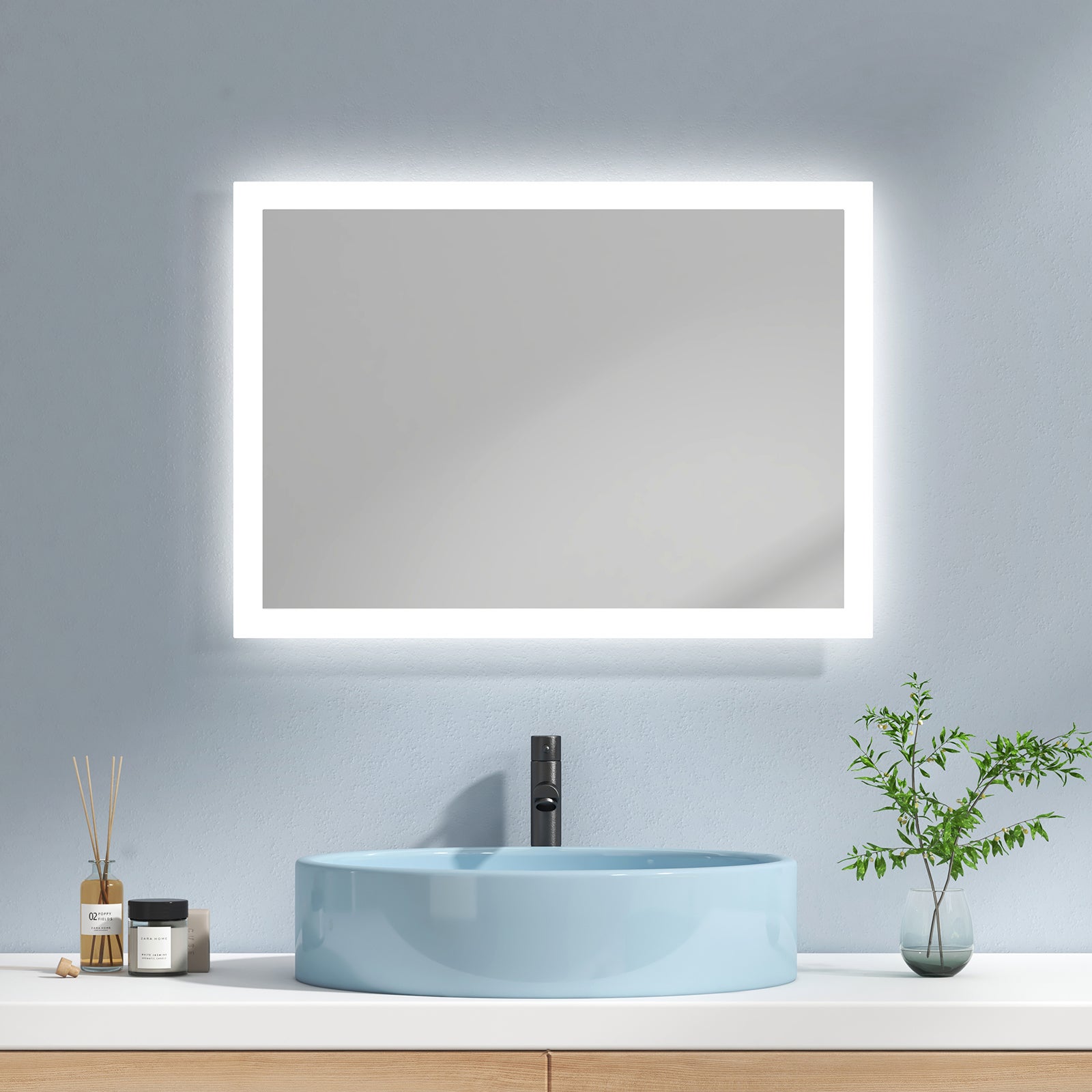 EMKE Lustro łazienkowe z oświetleniem LED 50x70 cm, z Przeciwmgielne, przełącznikiem przyciskowym, Lustro z zimnym/ciepłym białym podświetleniem
