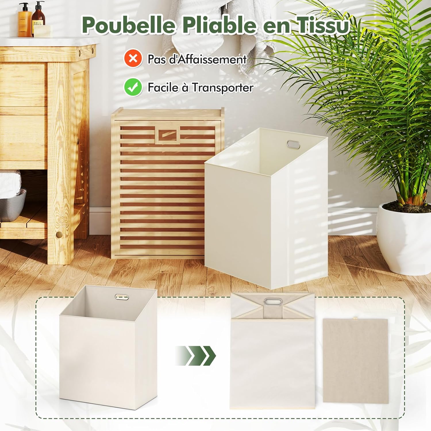 Panier à Linge en Bambou, 2 Compartiment, Meuble Linge Placard 68 L, Panier à Linge Amovible, Sac à Doublure Amovible, Meuble Linge Sale - 7