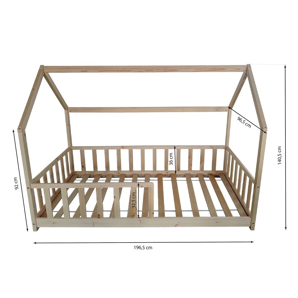 Lit cabane Kiwi 90x190 + 1 sommier + barrière /Bois clair - 4