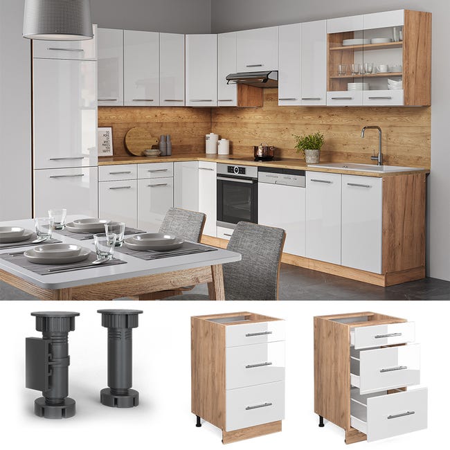 Meuble Bas De Cuisine Fame-Line 60 Cm – Blanc Brillant – Avec Tiroir Et Plan De Travail Marbre – Montage Facile