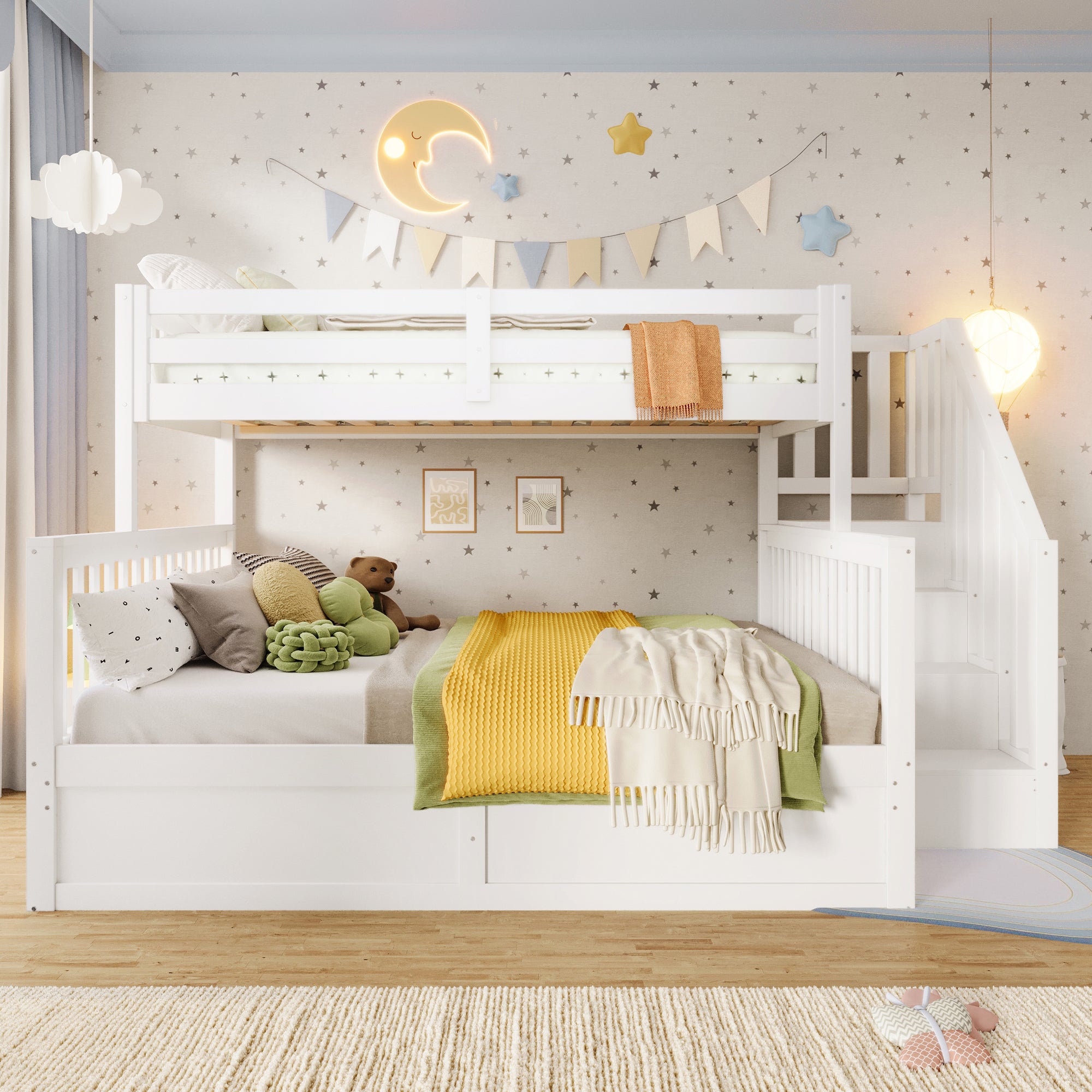 Lit superposé en bois 90x200 et 140x200 cm, lit coffre en dessous avec sommier à lattes, lit d'enfant avec échelle rangement, blanc (sans matelas) - 2