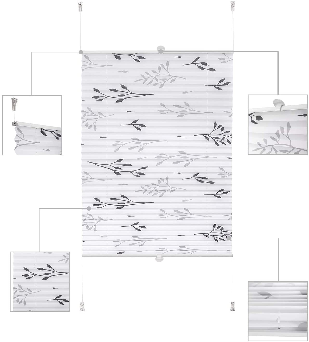 WOLTU Store plissé Fixation sans perçage, Store de fenêtre avec Motif de Feuilles, 80x130cm, Gris - 2