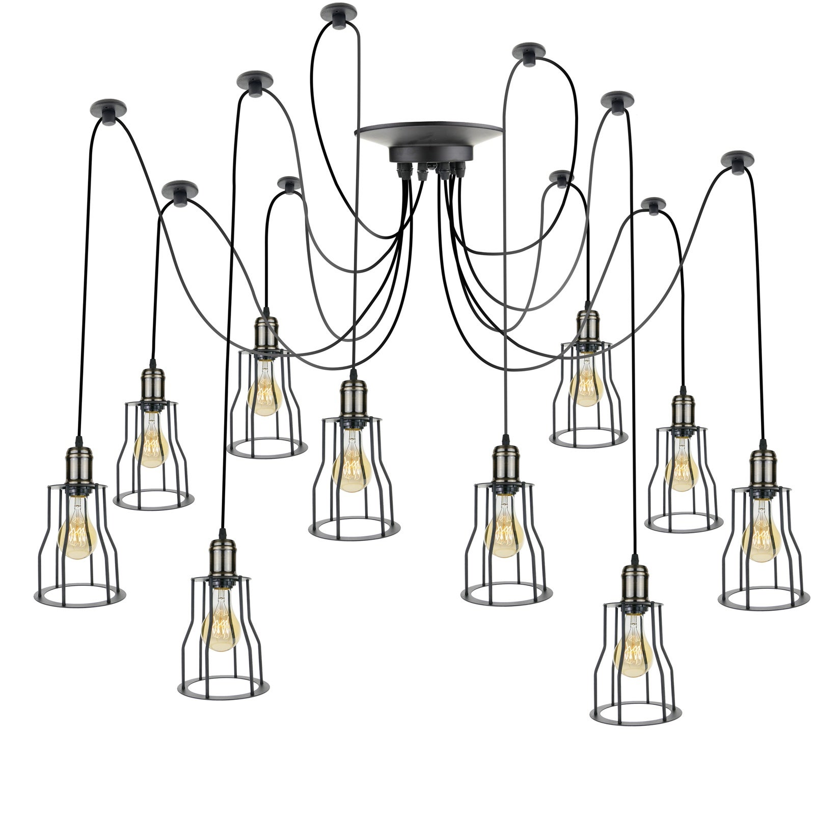 Lampadario a sospensione con gabbia lunga E27 10 lampadine 3m cavo nero - 4