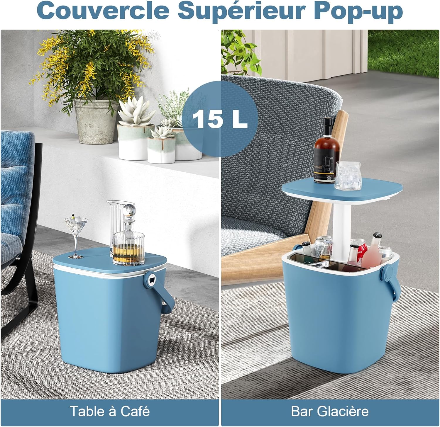 3 en 1 Table Glacière Extérieur 15 L, Table d'Appoint Patio avec Couvercle Rétractable, Compartiment, Ouvre-Bouteille et Pince Glace (Bleu) - 2