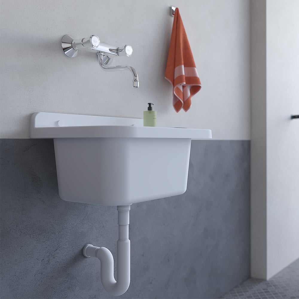 Évier en résine blanche 50x34 avec robinet mitigeur haut en acier inoxydable et bonde inclus - 8