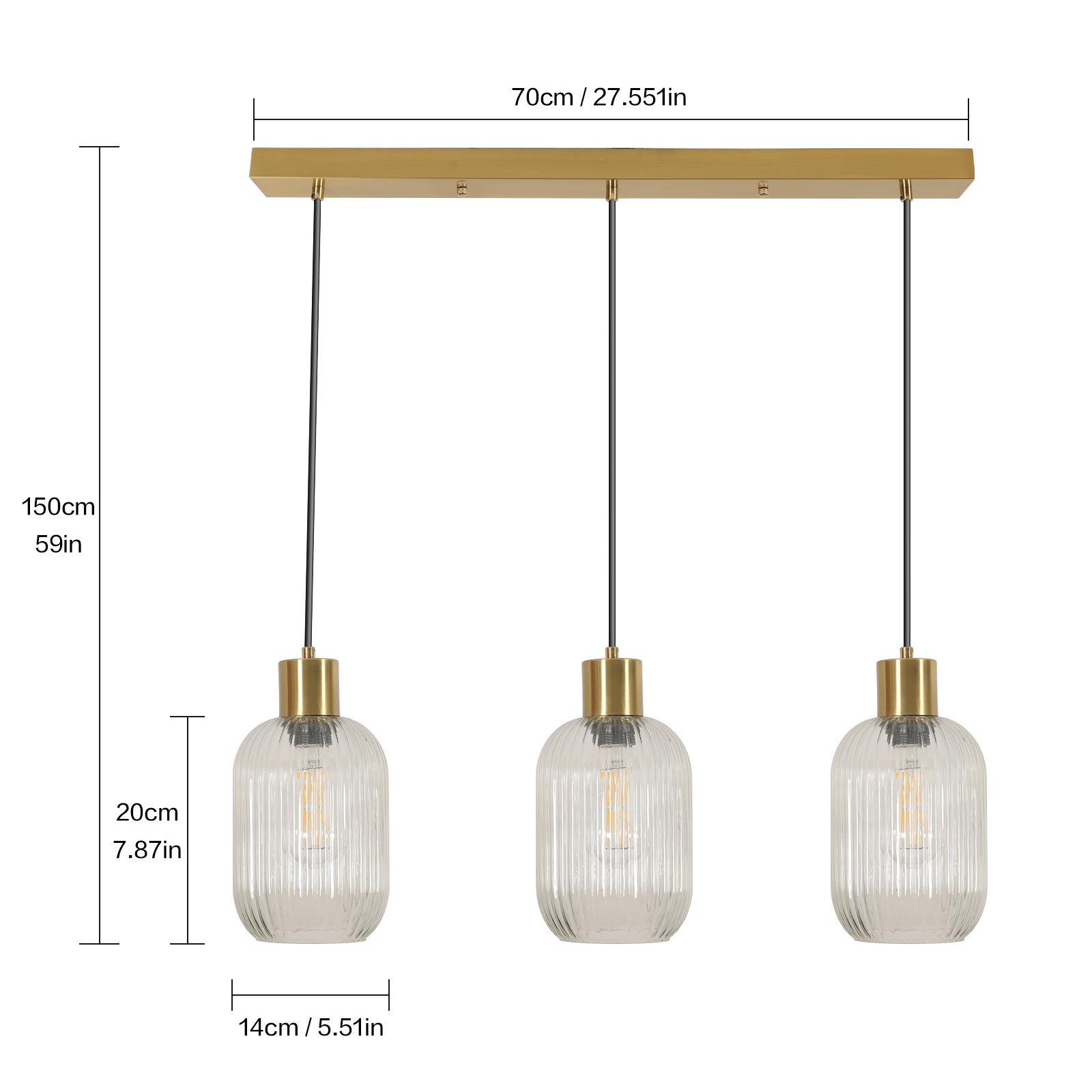COMELY Suspension Linéaire 3 Lumières en Verre Transparent L72 cm, E27, Design Moderne Finition Laiton pour Cuisine, Îlot et Salle à Manger - 3